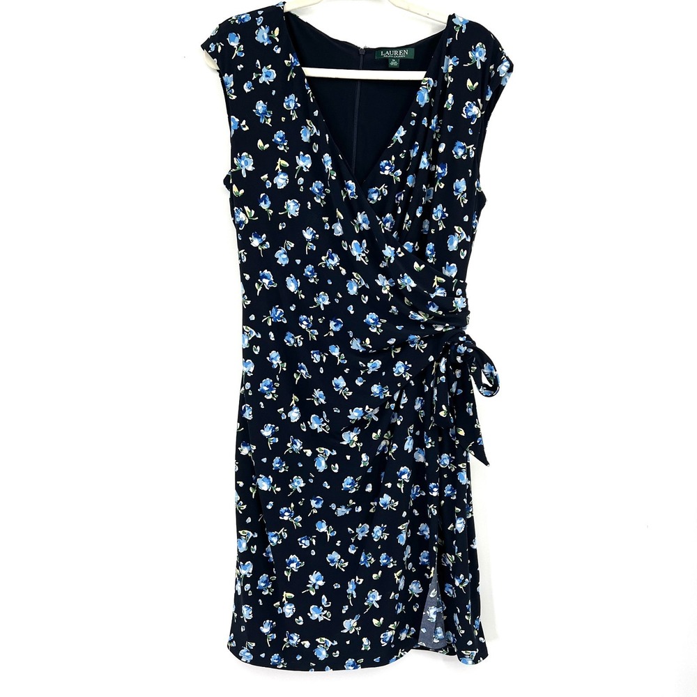 Lauren Ralph Lauren blue floral faux wrap midi dreess preppy‎ country club 16